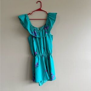 Turquoise Floral Ruffle Romper